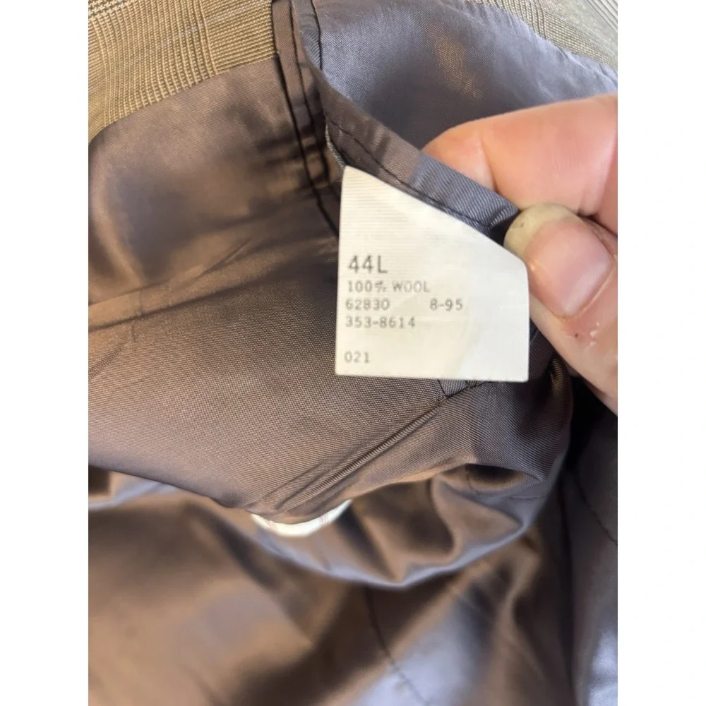 LANDS END Brown Windowpane Wool 2Pc SUIT‎ 44L Pleated Front Pants 36x30